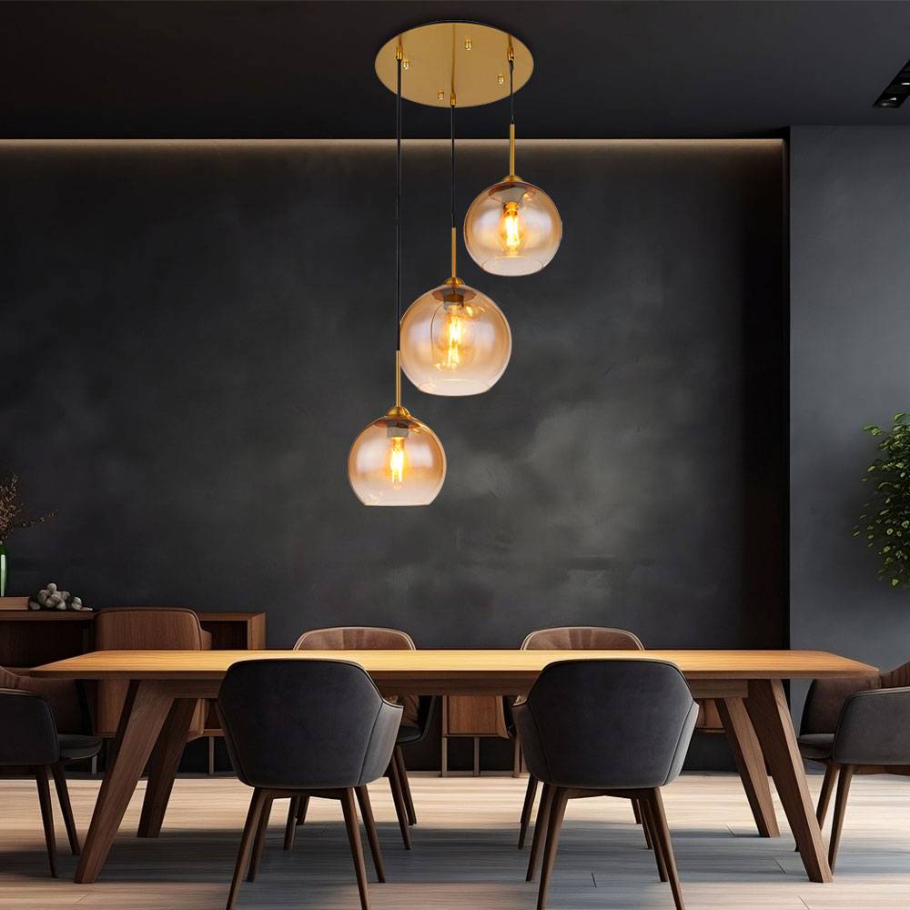 Hängelampe Wohnzimmer Pendelleuchte Esstischlampe 3 flammig, messing Glaskugel amber 3x E27, DxH 43x150 cm
