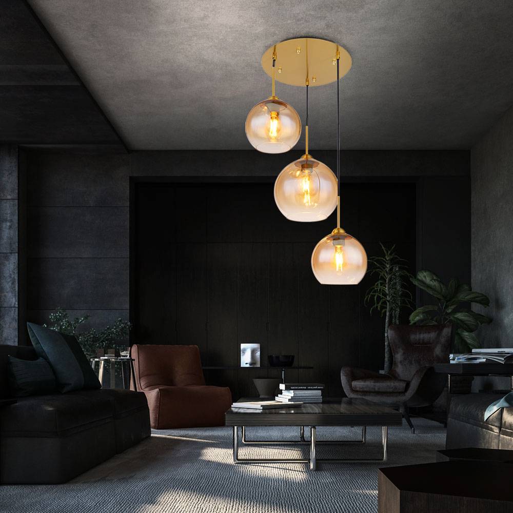 Hängelampe Wohnzimmer Pendelleuchte Esstischlampe 3 flammig, messing Glaskugel amber 3x E27, DxH 43x150 cm