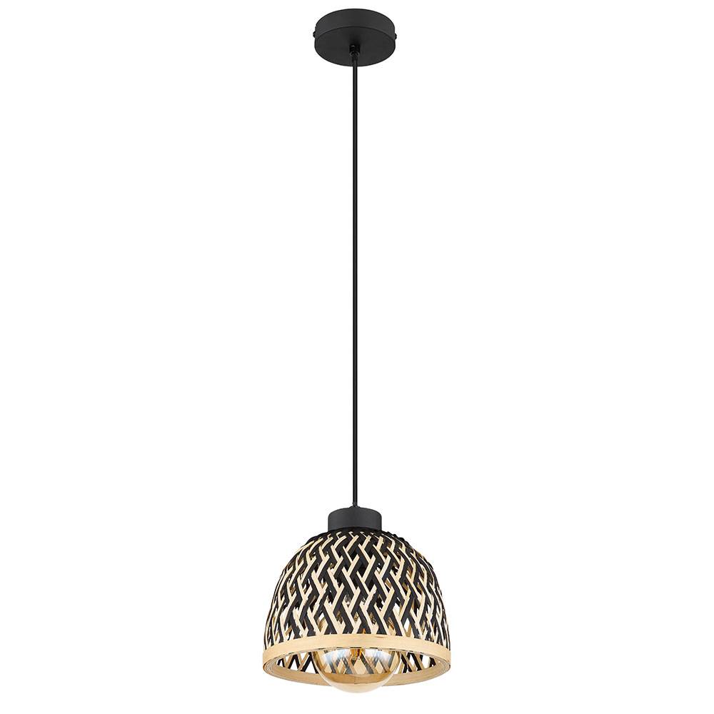 Pendellampe Wohnzimmer Hängeleuchte Bambus Esszimmerlampe braun Boho Holzlampe Geflochten rund, Metall schwarz matt, 1x E27 Fassung, DxH 20x120 cm