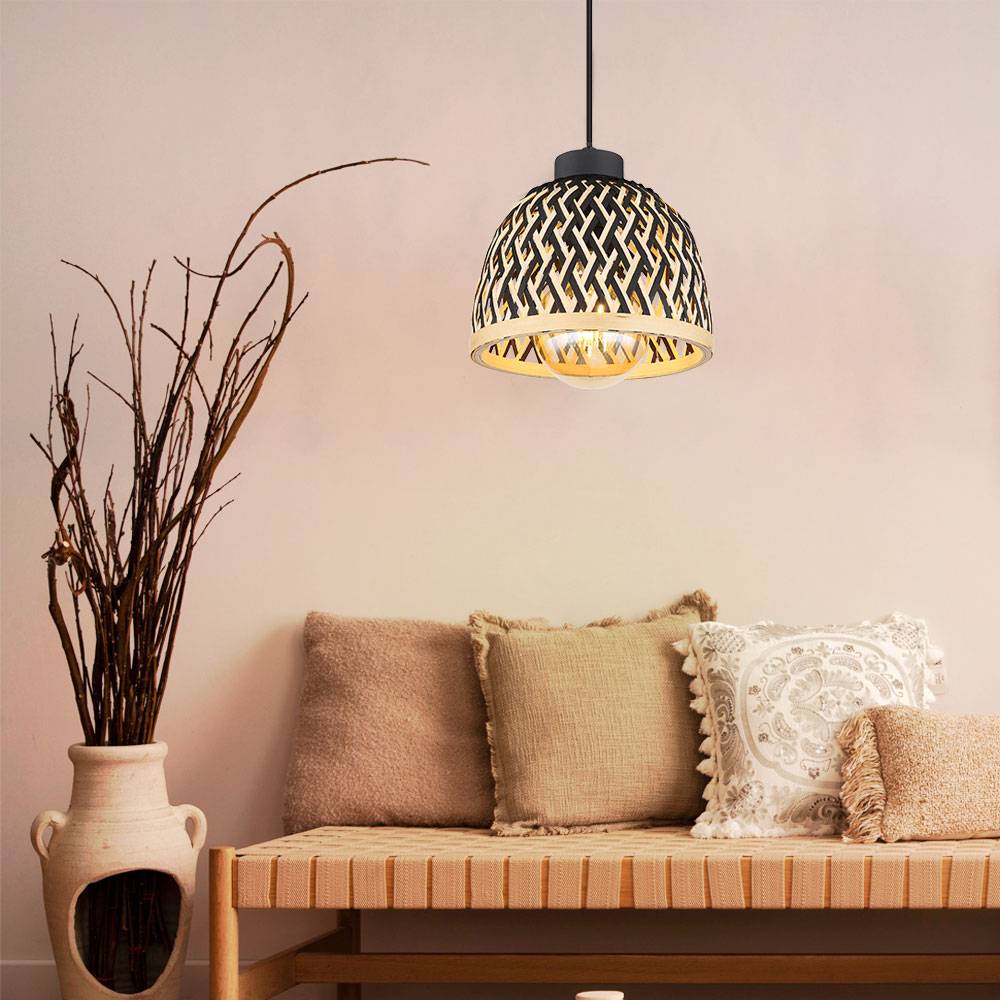 Pendellampe Wohnzimmer Hängeleuchte Bambus Esszimmerlampe braun Boho Holzlampe Geflochten rund, Metall schwarz matt, 1x E27 Fassung, DxH 20x120 cm