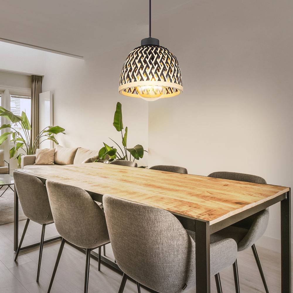 Pendellampe Wohnzimmer Hängeleuchte Bambus Esszimmerlampe braun Boho Holzlampe Geflochten rund, Metall schwarz matt, 1x E27 Fassung, DxH 20x120 cm