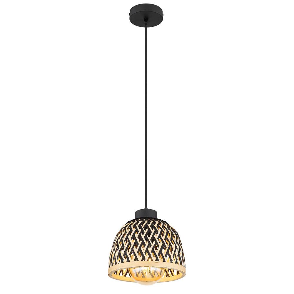 Pendellampe Wohnzimmer Hängeleuchte Bambus Esszimmerlampe braun Boho Holzlampe Geflochten rund, Metall schwarz matt, 1x E27 Fassung, DxH 20x120 cm