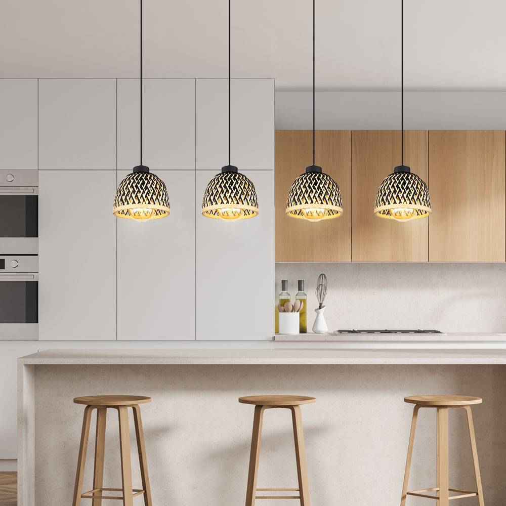 Hängelampe Esstisch Pendelleuchte Boho Wohnzimmerlampe 4-flammig, Bambus Schirm Höhenverstellbar, Metall schwarz matt, 4x E27, LxBxH 119x20x120 cm