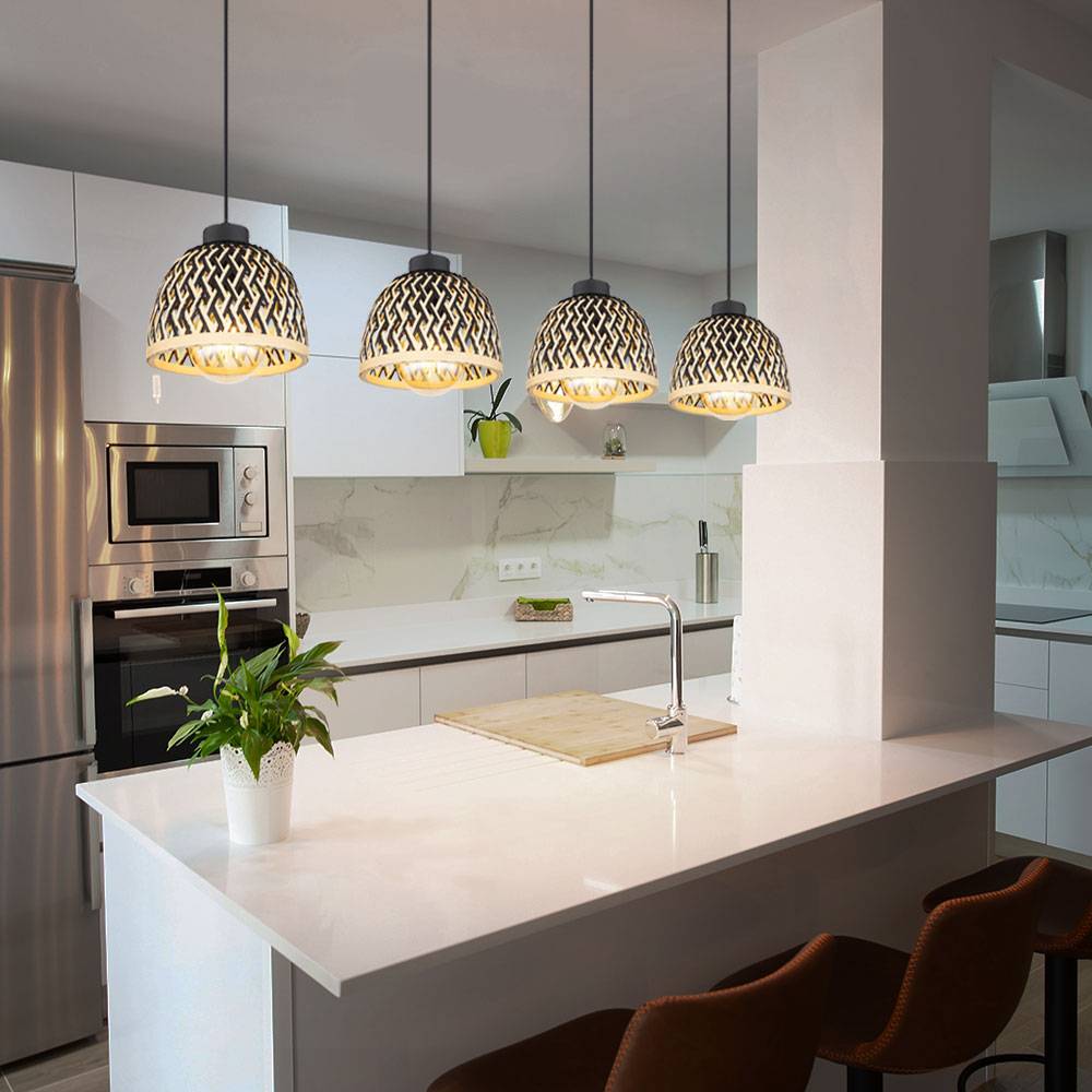 Hängelampe Esstisch Pendelleuchte Boho Wohnzimmerlampe 4-flammig, Bambus Schirm Höhenverstellbar, Metall schwarz matt, 4x E27, LxBxH 119x20x120 cm