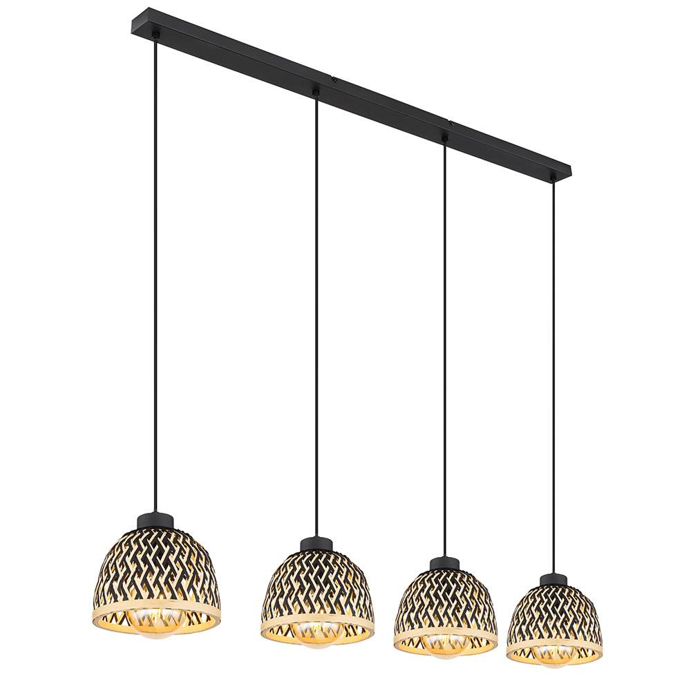 Hängelampe Esstisch Pendelleuchte Boho Wohnzimmerlampe 4-flammig, Bambus Schirm Höhenverstellbar, Metall schwarz matt, 4x E27, LxBxH 119x20x120 cm