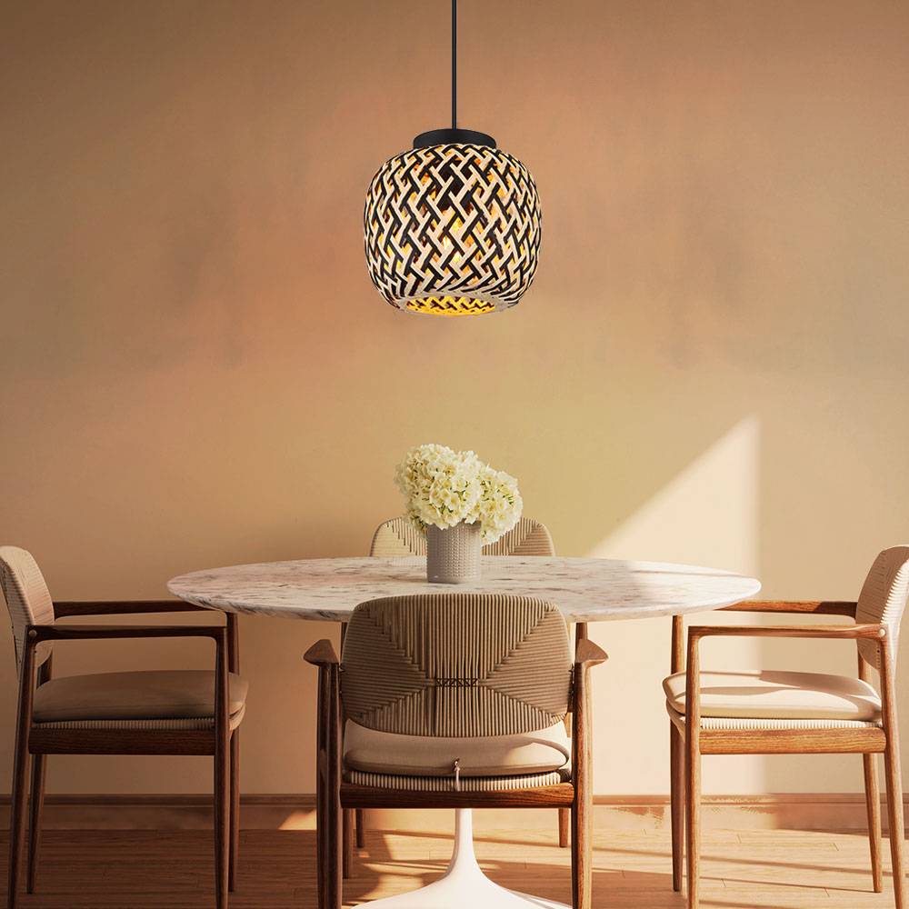 Hängelampe Hängeleuchte Pendelleuchte Esstischlampe, Höhenverstellbar Bambus Natur Metall schwarz Bohostil, 1x E27 Fassung, DxH 20x120cm