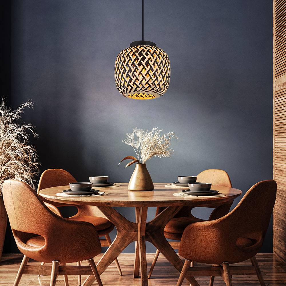 Hängelampe Hängeleuchte Pendelleuchte Esstischlampe, Höhenverstellbar Bambus Natur Metall schwarz Bohostil, 1x E27 Fassung, DxH 20x120cm