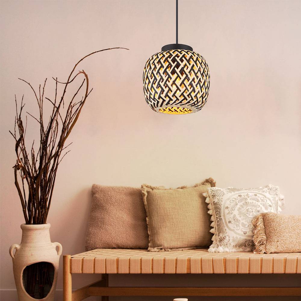 Hängelampe Hängeleuchte Pendelleuchte Esstischlampe, Höhenverstellbar Bambus Natur Metall schwarz Bohostil, 1x E27 Fassung, DxH 20x120cm