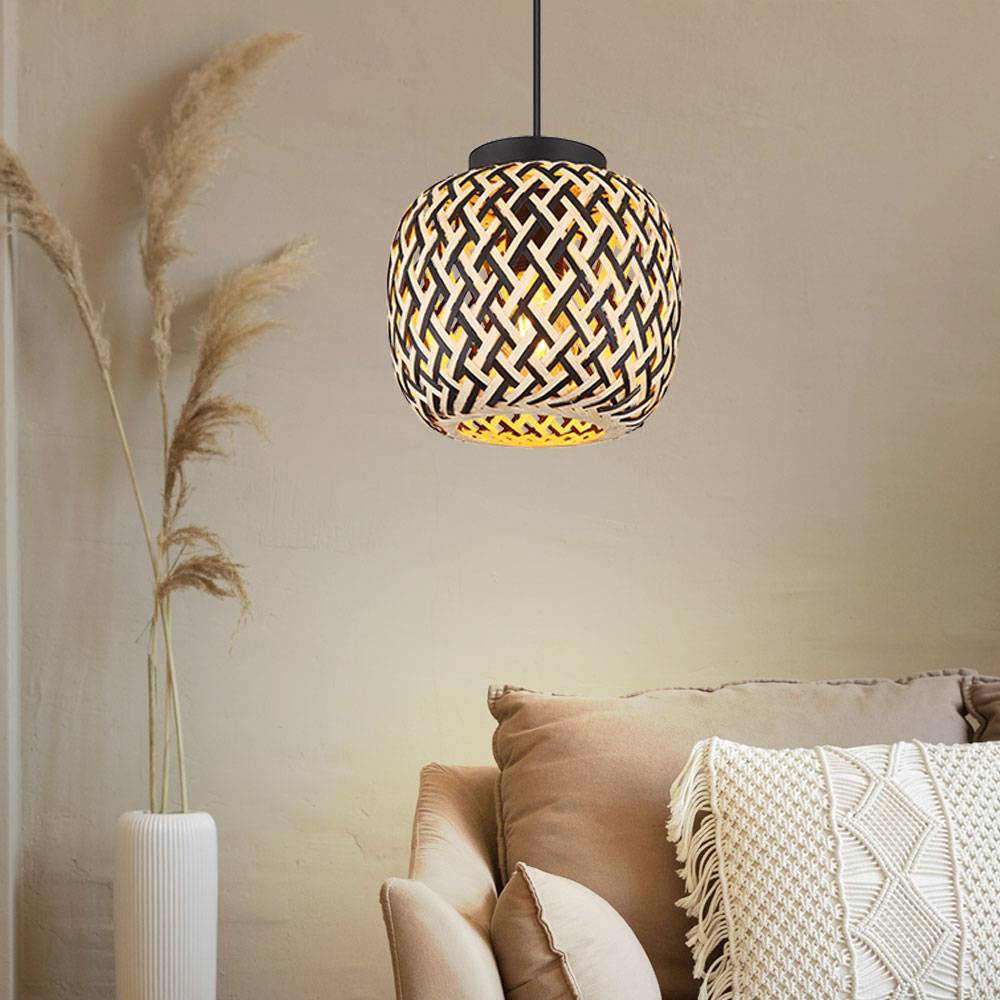 Hängelampe Hängeleuchte Pendelleuchte Esstischlampe, Höhenverstellbar Bambus Natur Metall schwarz Bohostil, 1x E27 Fassung, DxH 20x120cm