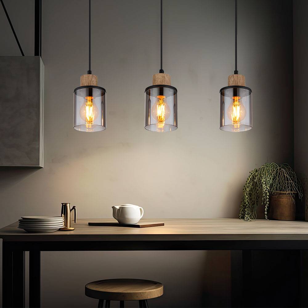 Pendellampe Esstischleuchte Hängelampe Wohnzimmer 3 flammig, Metall schwarz Holz braun Glas rauch, 3x E27, LxH 55x 120 cm