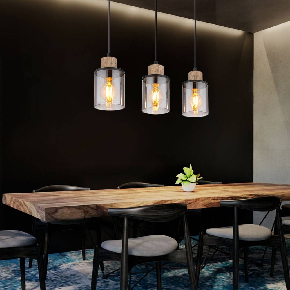 Pendellampe Esstischleuchte Hängelampe Wohnzimmer 3 flammig, Metall schwarz Holz braun Glas rauch, 3x E27, LxH 55x 120 cm