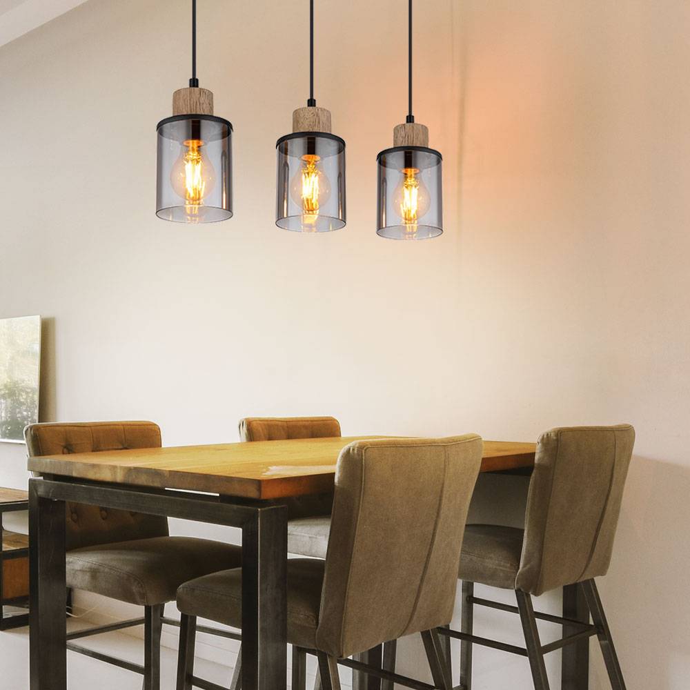 Pendellampe Esstischleuchte Hängelampe Wohnzimmer 3 flammig, Metall schwarz Holz braun Glas rauch, 3x E27, LxH 55x 120 cm