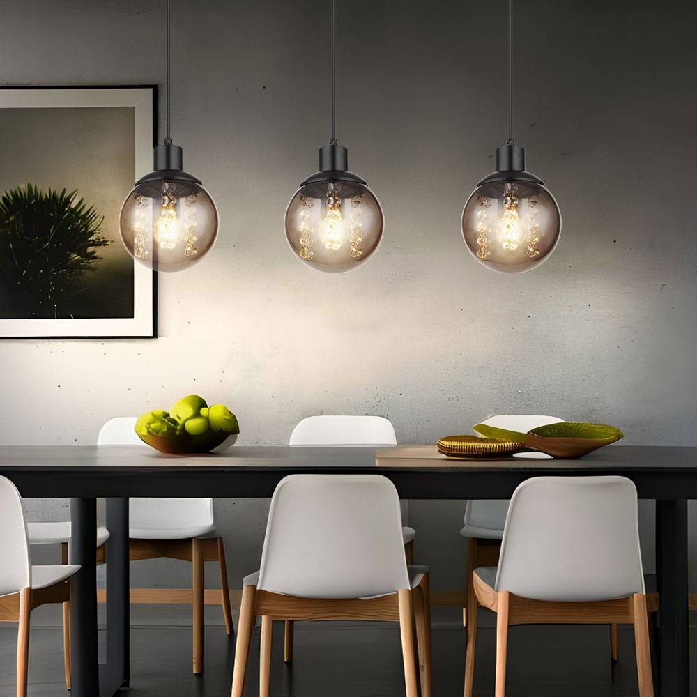 Pendellampe 3 flammig Esstischleuchte Hängeleuchte Wohnzimmer, Glas rauch, Metall schwarz, 3x E27,LxBxH 78x15x120 cm