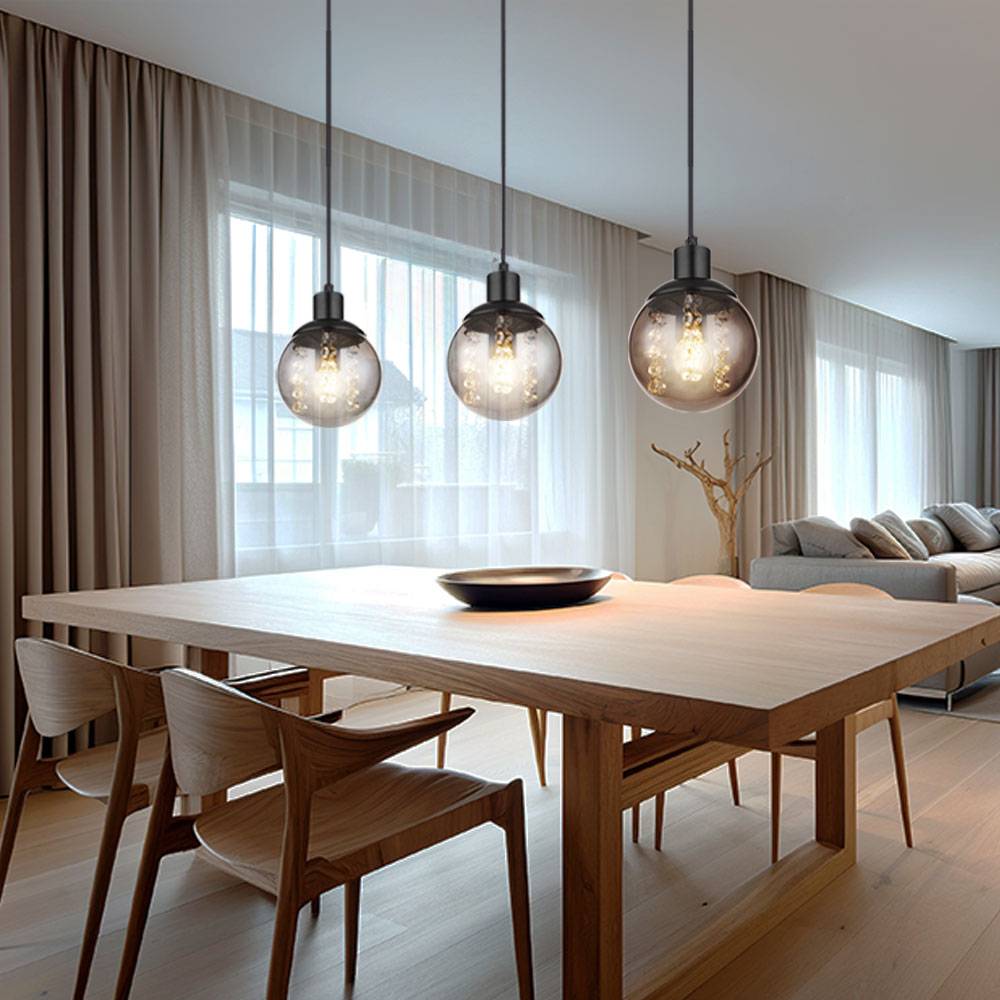 Pendellampe 3 flammig Esstischleuchte Hängeleuchte Wohnzimmer, Glas rauch, Metall schwarz, 3x E27,LxBxH 78x15x120 cm