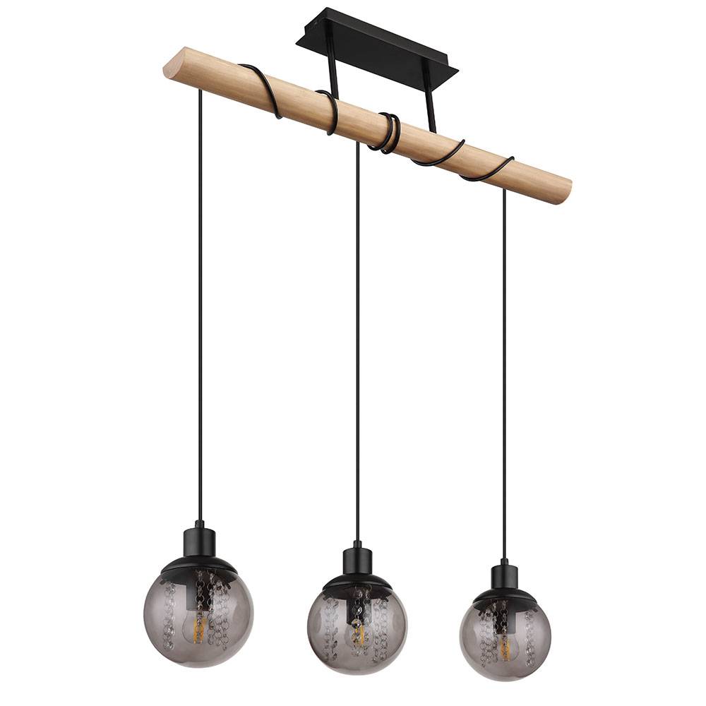 Pendellampe 3 flammig Esstischleuchte Hängeleuchte Wohnzimmer, Glas rauch, Metall schwarz, 3x E27,LxBxH 78x15x120 cm