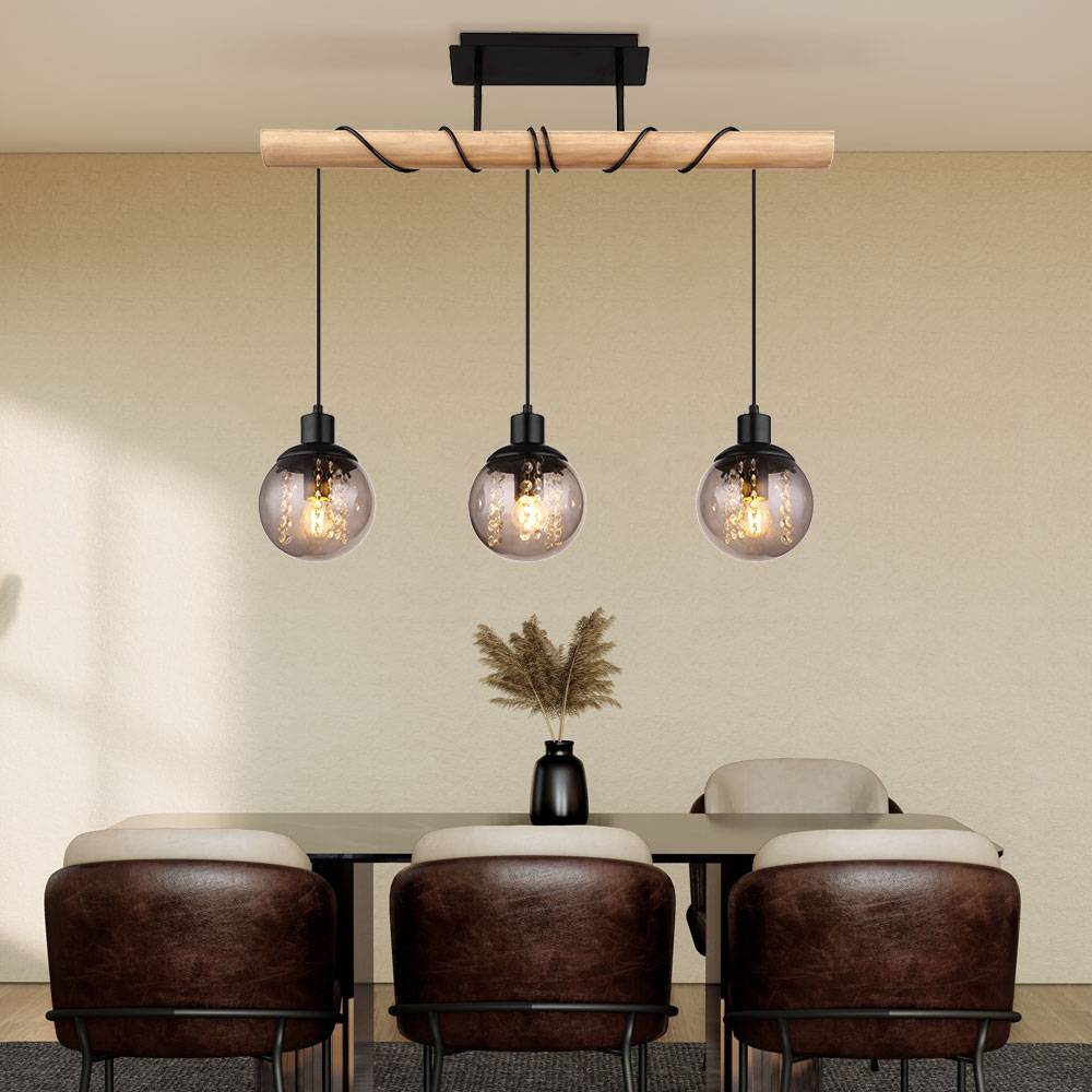 Pendellampe 3 flammig Esstischleuchte Hängeleuchte Wohnzimmer, Glas rauch, Metall schwarz, 3x E27,LxBxH 78x15x120 cm