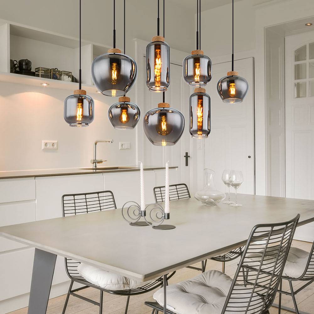 Pendellampe Pendelleuchte Hängelampe Esstischleuchte, 8 flammig, Retro Rauchglas Metall schwarz Hanf braun, 8x E27 Fassungen, LxBxH 105x40x120cm