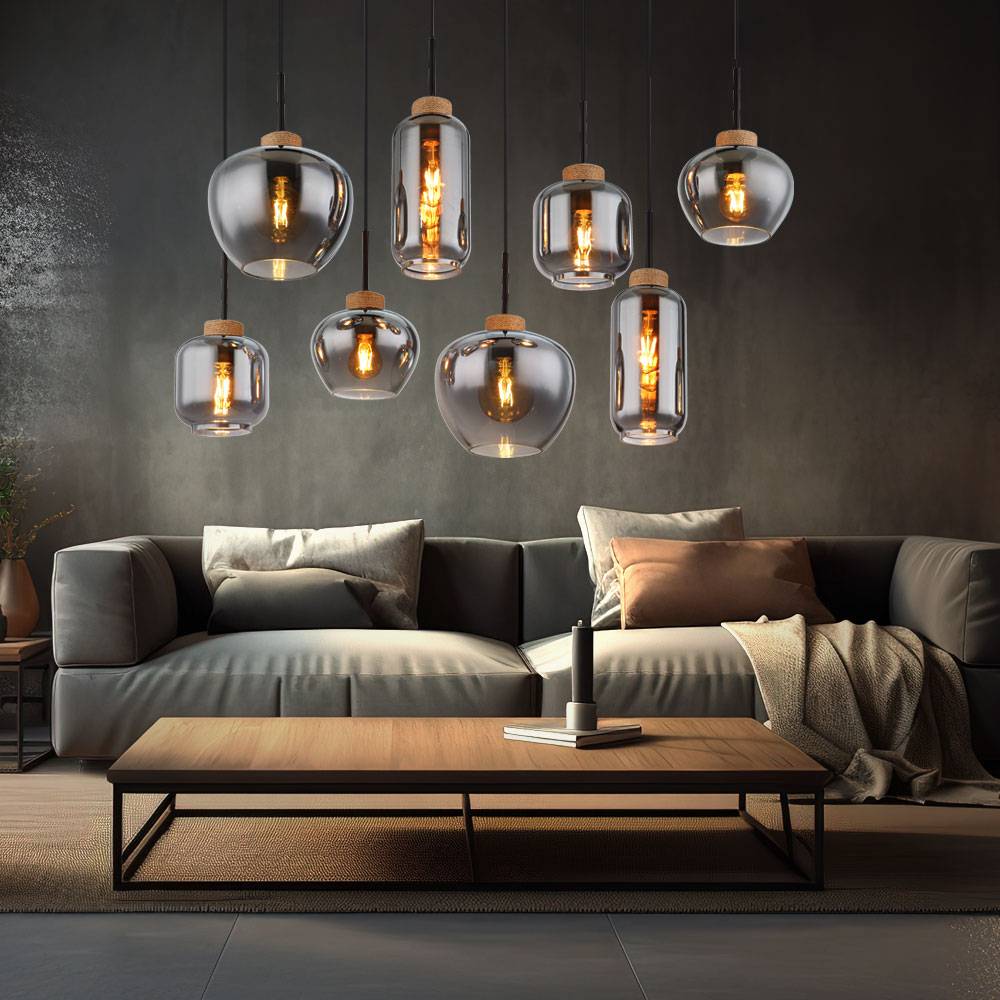 Pendellampe Pendelleuchte Hängelampe Esstischleuchte, 8 flammig, Retro Rauchglas Metall schwarz Hanf braun, 8x E27 Fassungen, LxBxH 105x40x120cm