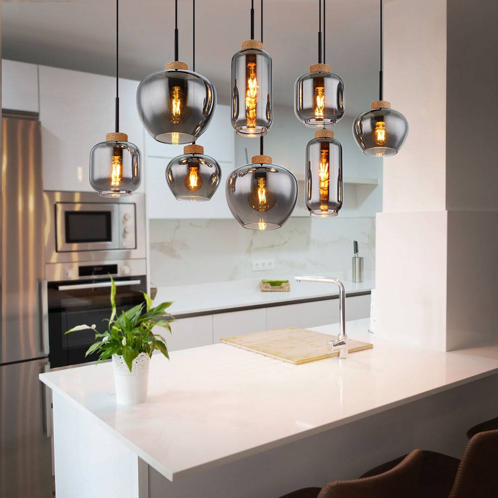 Pendellampe Pendelleuchte Hängelampe Esstischleuchte, 8 flammig, Retro Rauchglas Metall schwarz Hanf braun, 8x E27 Fassungen, LxBxH 105x40x120cm