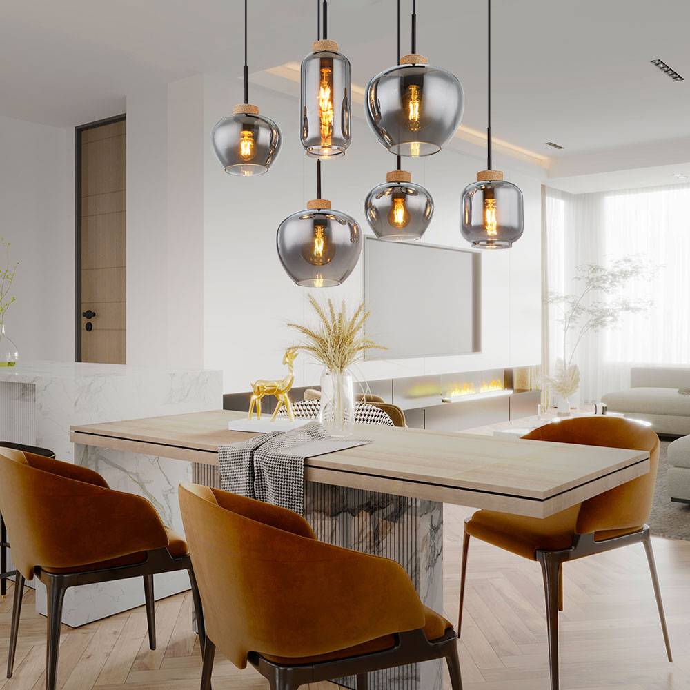 Pendellampe Pendelleuchte Hängelampe Esstischleuchte, 6 flammig, Retro Rauchglas Metall schwarz Hanf braun, 6x E27 Fassungen, LxBxH 80x40x120cm