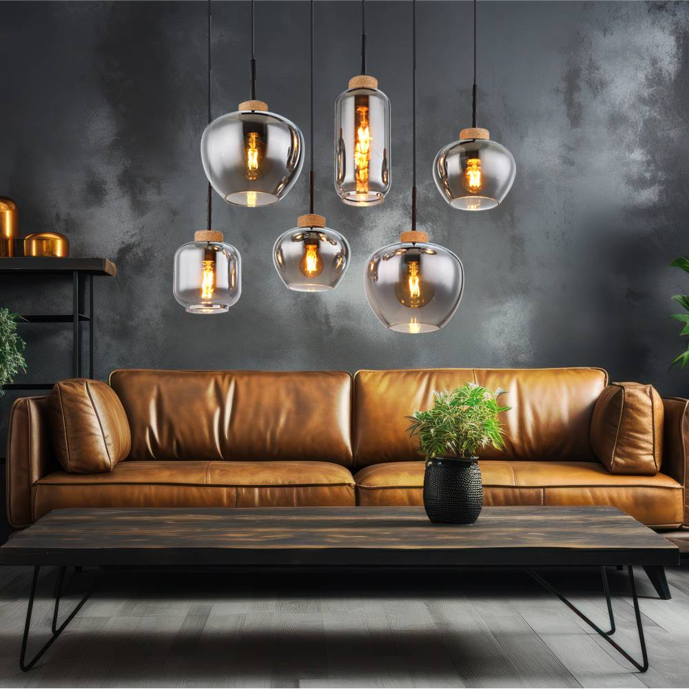 Pendellampe Pendelleuchte Hängelampe Esstischleuchte, 6 flammig, Retro Rauchglas Metall schwarz Hanf braun, 6x E27 Fassungen, LxBxH 80x40x120cm