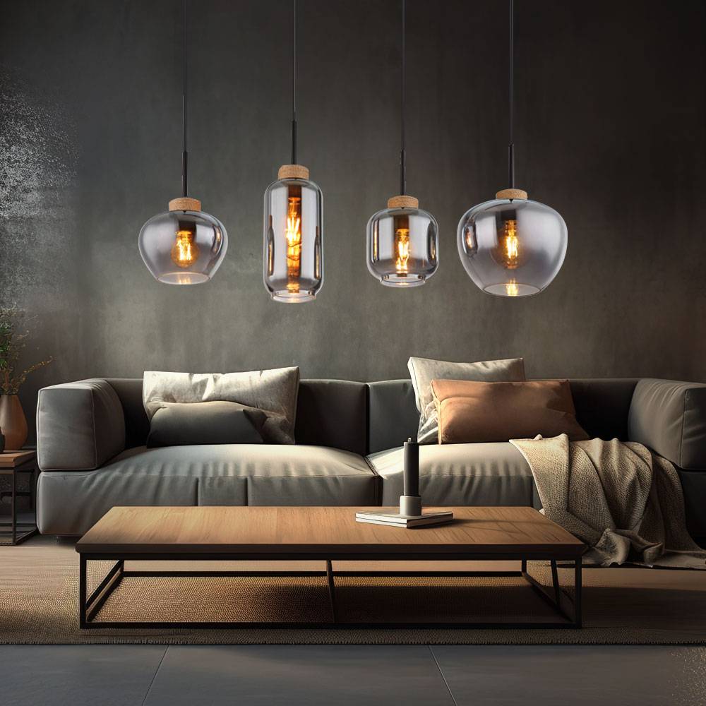 Pendelleuchte Esszimmerlampe hängend 4-Flammig rauch Hängelampe Rauchglas, Metall, 4x E27 Fassungen, LxBxH 96x23x120 cm