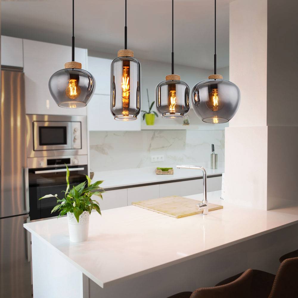 Pendelleuchte Esszimmerlampe hängend 4-Flammig rauch Hängelampe Rauchglas, Metall, 4x E27 Fassungen, LxBxH 96x23x120 cm