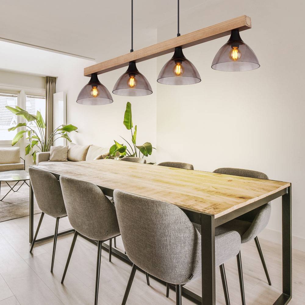 Pendelleuchte Holzlampe Hängelampe, Höhenverstellbar 4 flammig, Holzbalken Rauchglas Metall Schwarz-matt, 4x E14 Fassungen, LxBxH 96x17x150cm