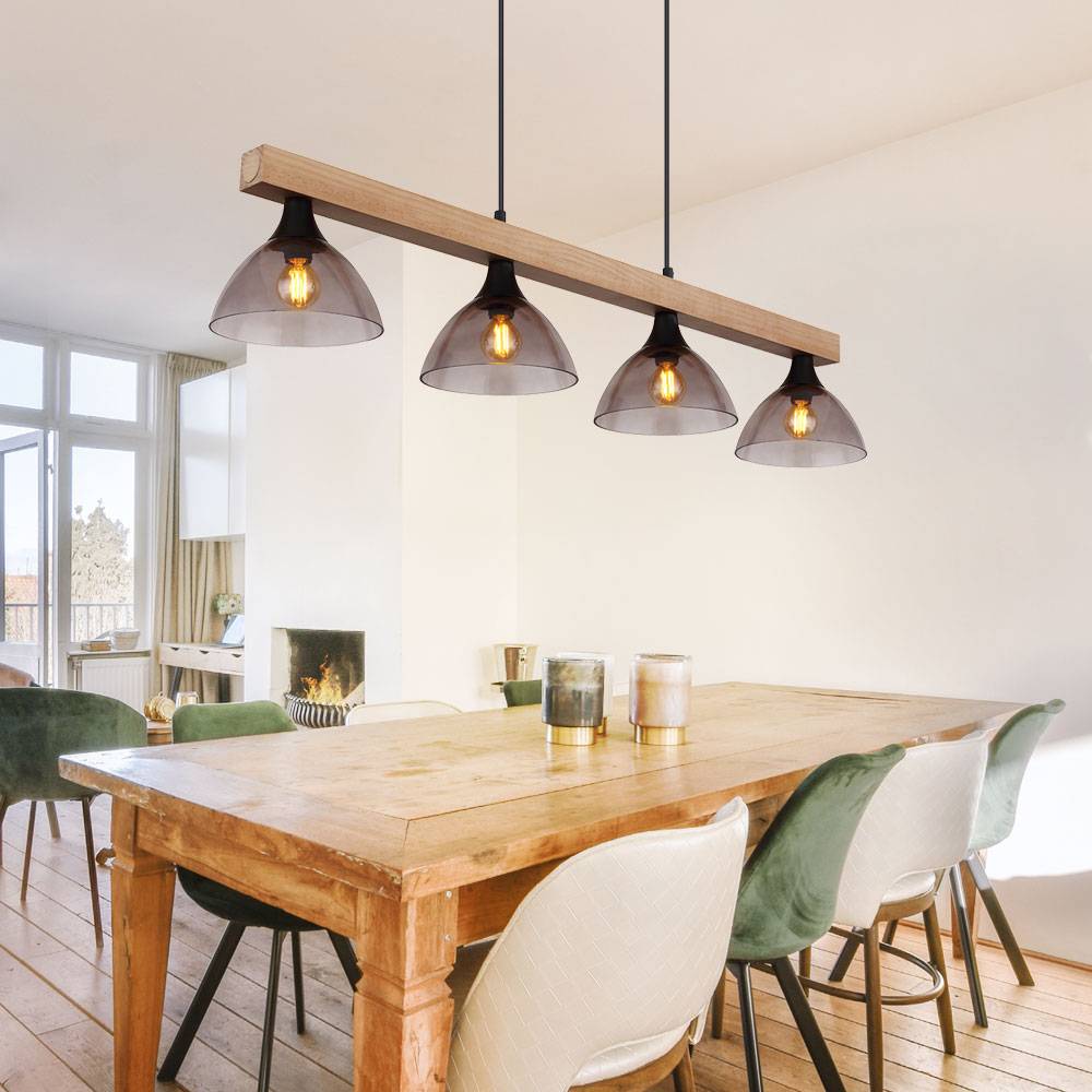 Pendelleuchte Holzlampe Hängelampe, Höhenverstellbar 4 flammig, Holzbalken Rauchglas Metall Schwarz-matt, 4x E14 Fassungen, LxBxH 96x17x150cm