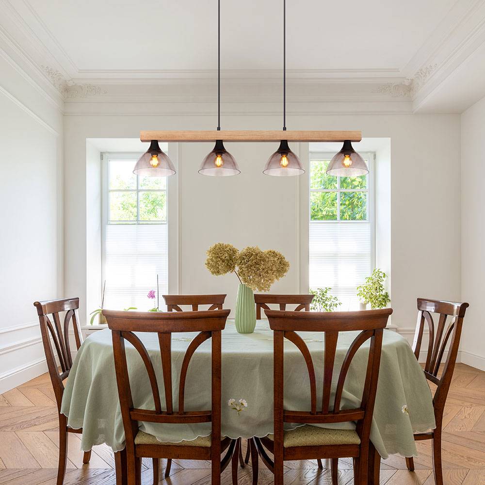 Pendelleuchte Holzlampe Hängelampe, Höhenverstellbar 4 flammig, Holzbalken Rauchglas Metall Schwarz-matt, 4x E14 Fassungen, LxBxH 96x17x150cm