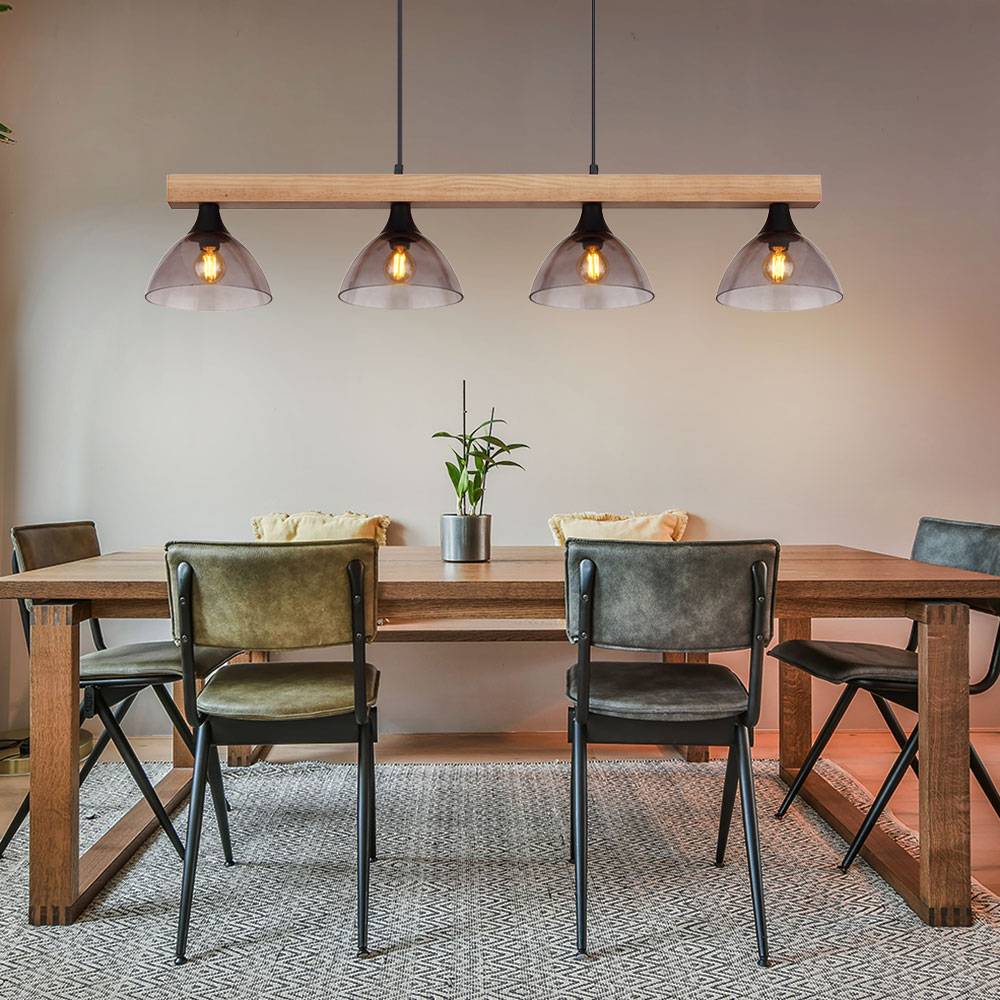 Pendelleuchte Holzlampe Hängelampe, Höhenverstellbar 4 flammig, Holzbalken Rauchglas Metall Schwarz-matt, 4x E14 Fassungen, LxBxH 96x17x150cm