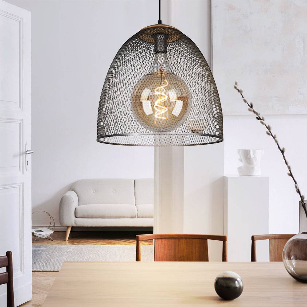 Pendellampe Hängelampe Wohnzimmerlampe silber 1 flammig Höhenverstellbar Gitterschirm, Metall Holz, 1x E27 Fassung, DxH 40x150 cm