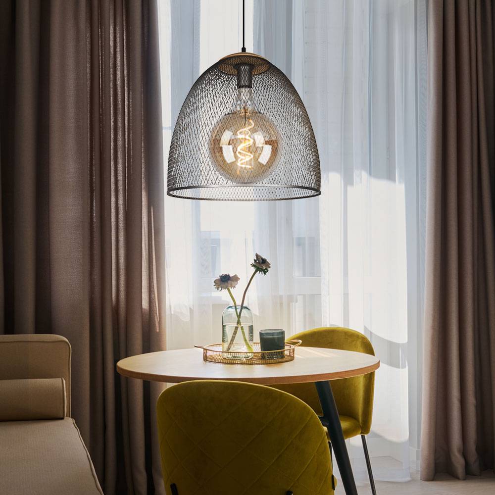 Pendellampe Hängelampe Wohnzimmerlampe silber 1 flammig Höhenverstellbar Gitterschirm, Metall Holz, 1x E27 Fassung, DxH 40x150 cm