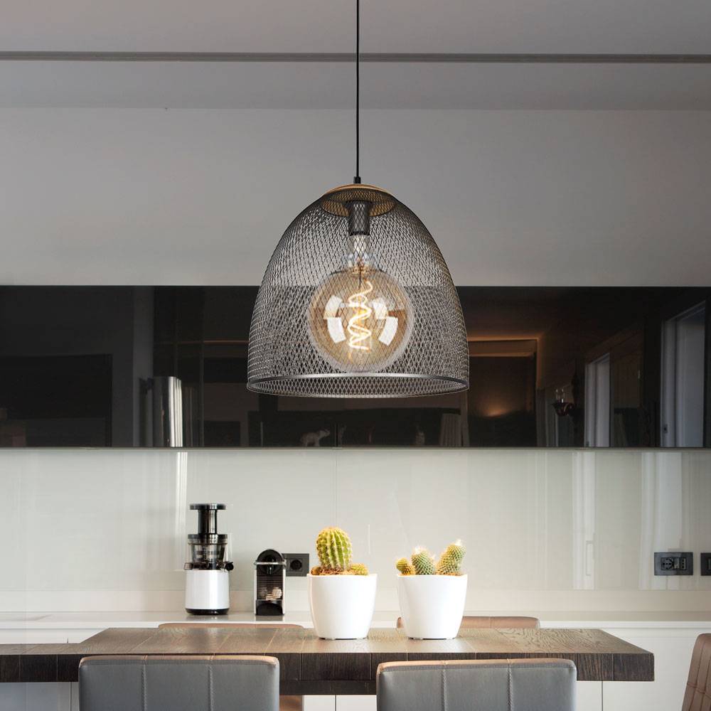 Pendellampe Hängelampe Wohnzimmerlampe silber 1 flammig Höhenverstellbar Gitterschirm, Metall Holz, 1x E27 Fassung, DxH 40x150 cm