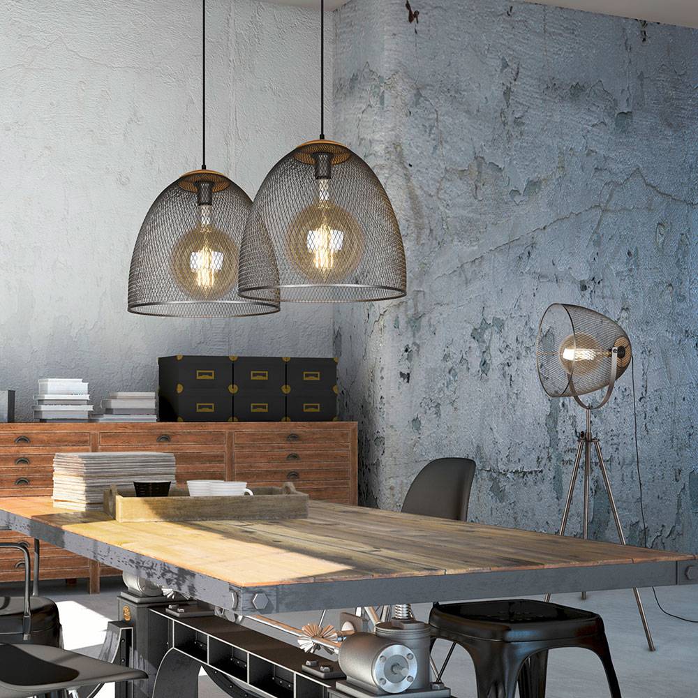 Pendellampe Hängelampe Wohnzimmerlampe silber 1 flammig Höhenverstellbar Gitterschirm, Metall Holz, 1x E27 Fassung, DxH 40x150 cm