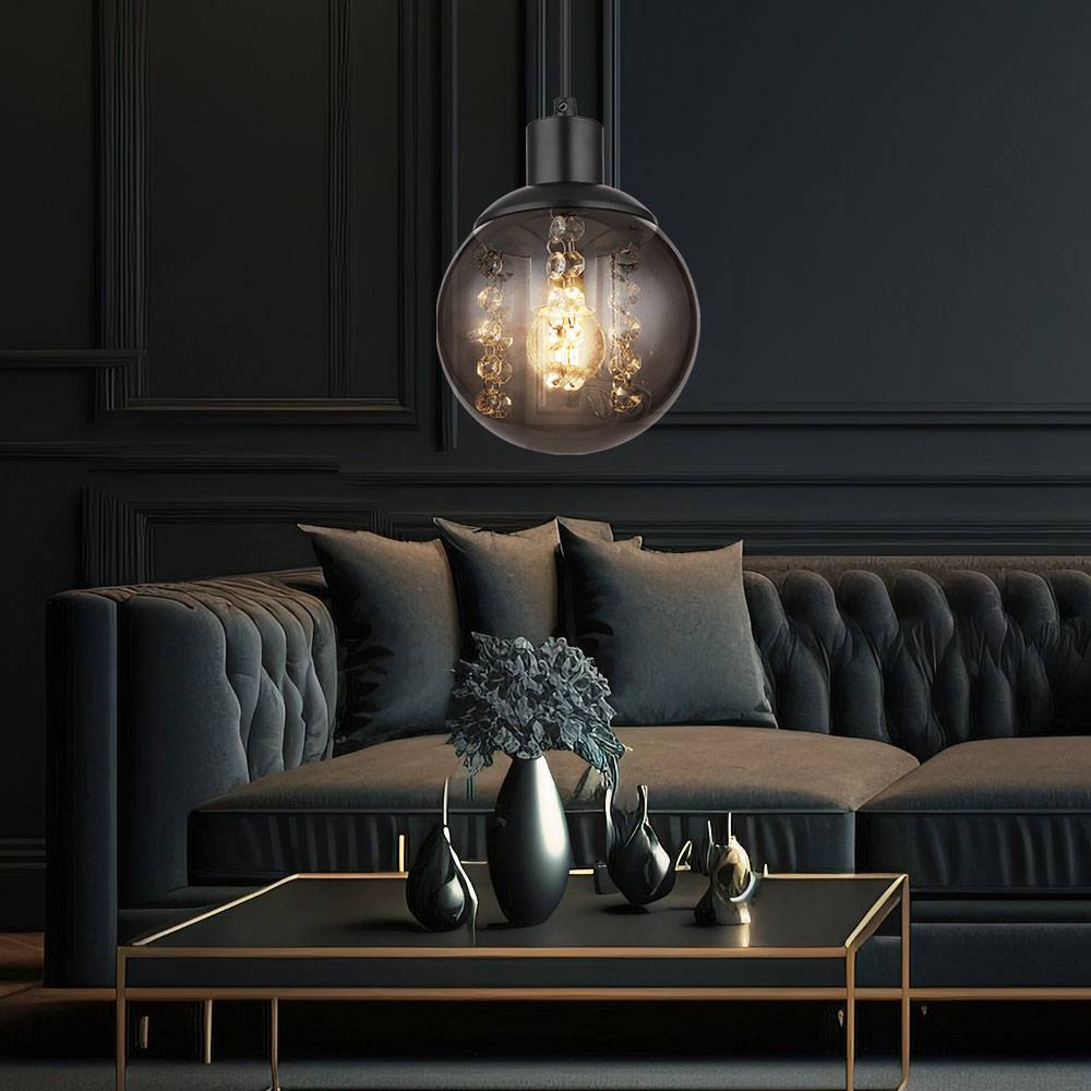 Pendellampe Esstischleuchte Hängeleuchte Wohnzimmer, Glas rauch, Metall schwarz, 1x E27, DxH 15 x 150 cm, 2er Set