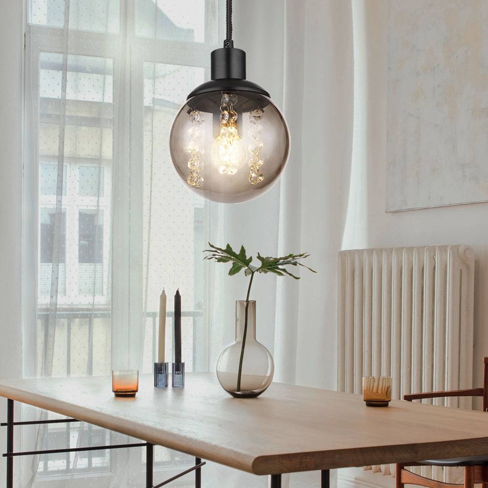 Pendellampe Esstischleuchte Hängeleuchte Wohnzimmer, Glas rauch, Metall schwarz, 1x E27, DxH 15 x 150 cm, 2er Set