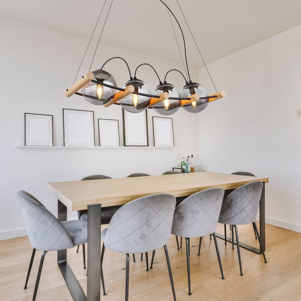 Pendellampe Hängeleuchte Hängelampe Esstischleuchte, 4 flammig Höhenverstellbar, Rauchglas Metall schwarz Holz braun, E27 Fassungen, LxBxH 75x22x12