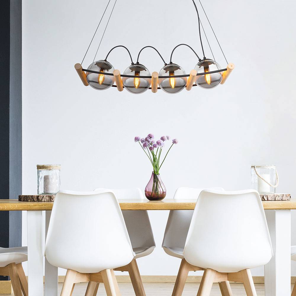 Pendellampe Hängeleuchte Hängelampe Esstischleuchte, 4 flammig Höhenverstellbar, Rauchglas Metall schwarz Holz braun, E27 Fassungen, LxBxH 75x22x12