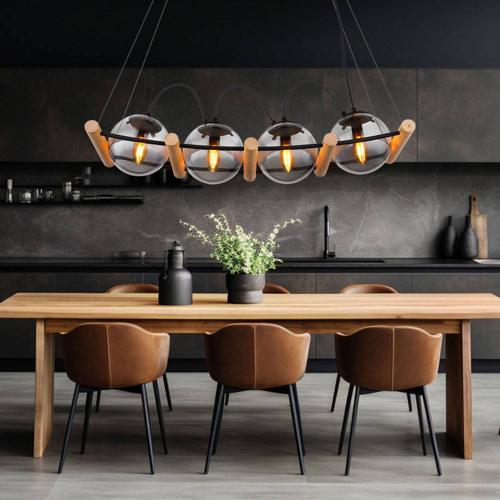 Pendellampe Hängeleuchte Hängelampe Esstischleuchte, 4 flammig Höhenverstellbar, Rauchglas Metall schwarz Holz braun, E27 Fassungen, LxBxH 75x22x12