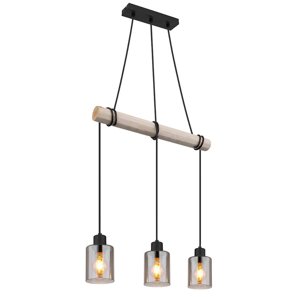 Hängeleuchte Pendelleuchte Holzpendellampe Holz Esszimmerlampe Hängelampe Esstisch, Glas rauch, 3x E27, LxH 98x130 cm