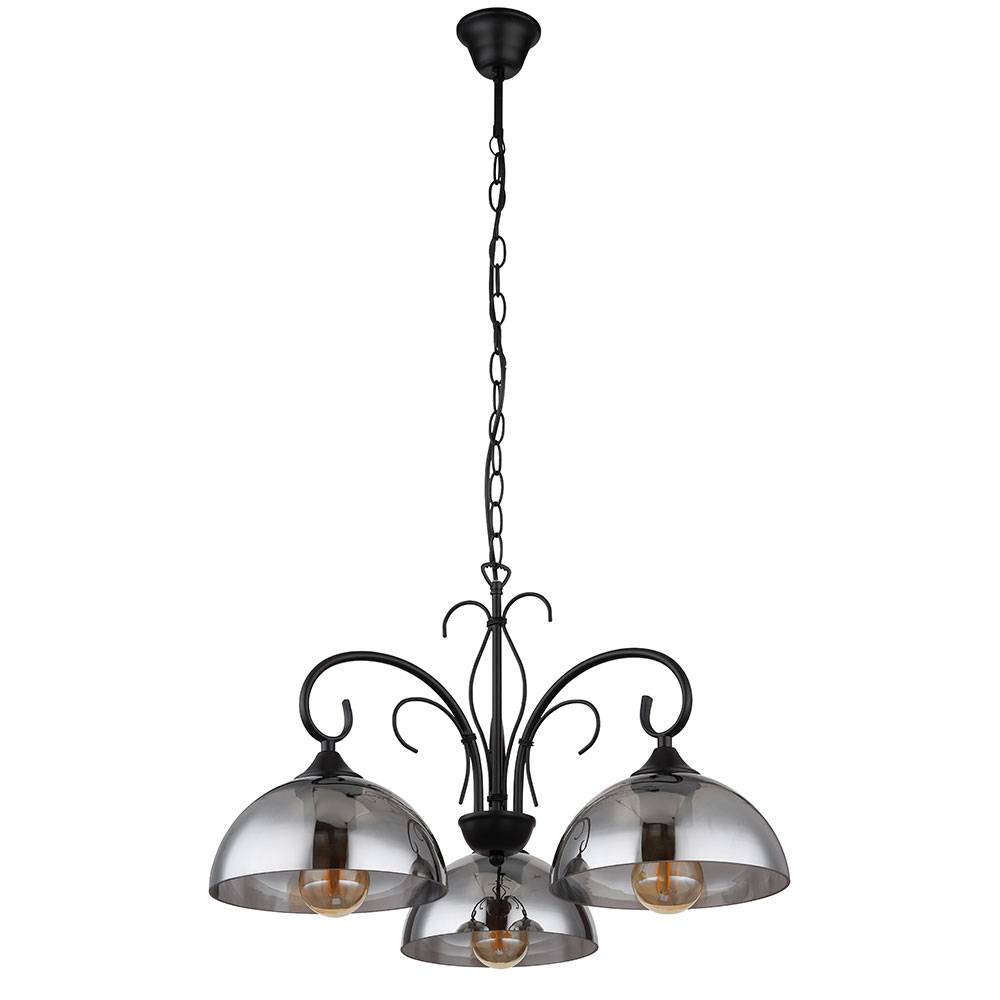 Pendelleuchte Hängelampe Hängeleuchte Esstischlampe, Höhenverstellbar 3 flammig, Metall schwarz Rauchglas, 3x E27 Fassungen, DxH 56x120cm