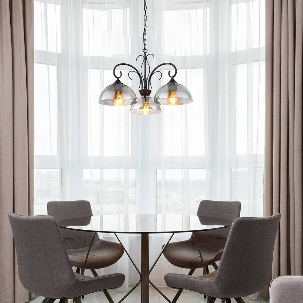 Pendelleuchte Hängelampe Hängeleuchte Esstischlampe, Höhenverstellbar 3 flammig, Metall schwarz Rauchglas, 3x E27 Fassungen, DxH 56x120cm