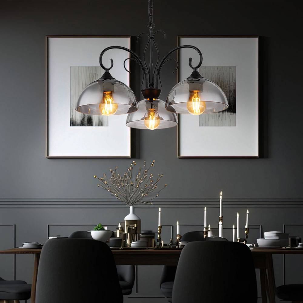 Pendelleuchte Hängelampe Hängeleuchte Esstischlampe, Höhenverstellbar 3 flammig, Metall schwarz Rauchglas, 3x E27 Fassungen, DxH 56x120cm