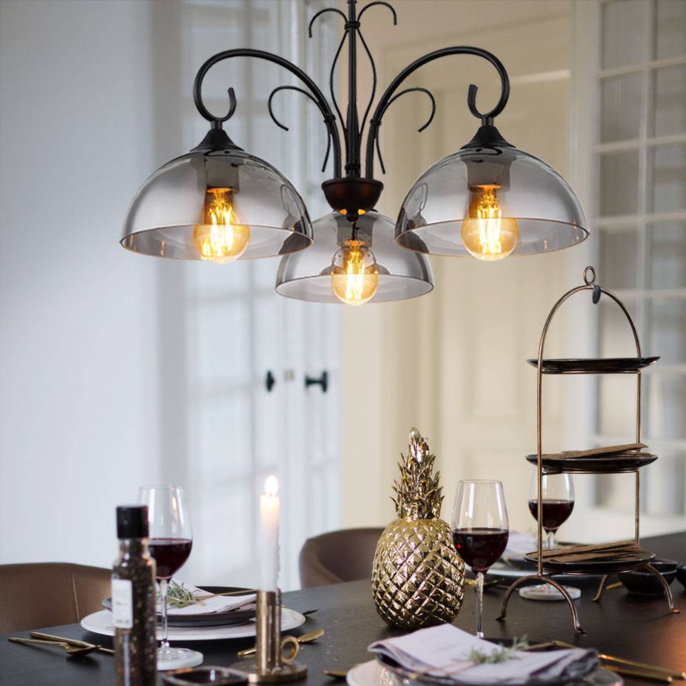 Pendelleuchte Hängelampe Hängeleuchte Esstischlampe, Höhenverstellbar 3 flammig, Metall schwarz Rauchglas, 3x E27 Fassungen, DxH 56x120cm