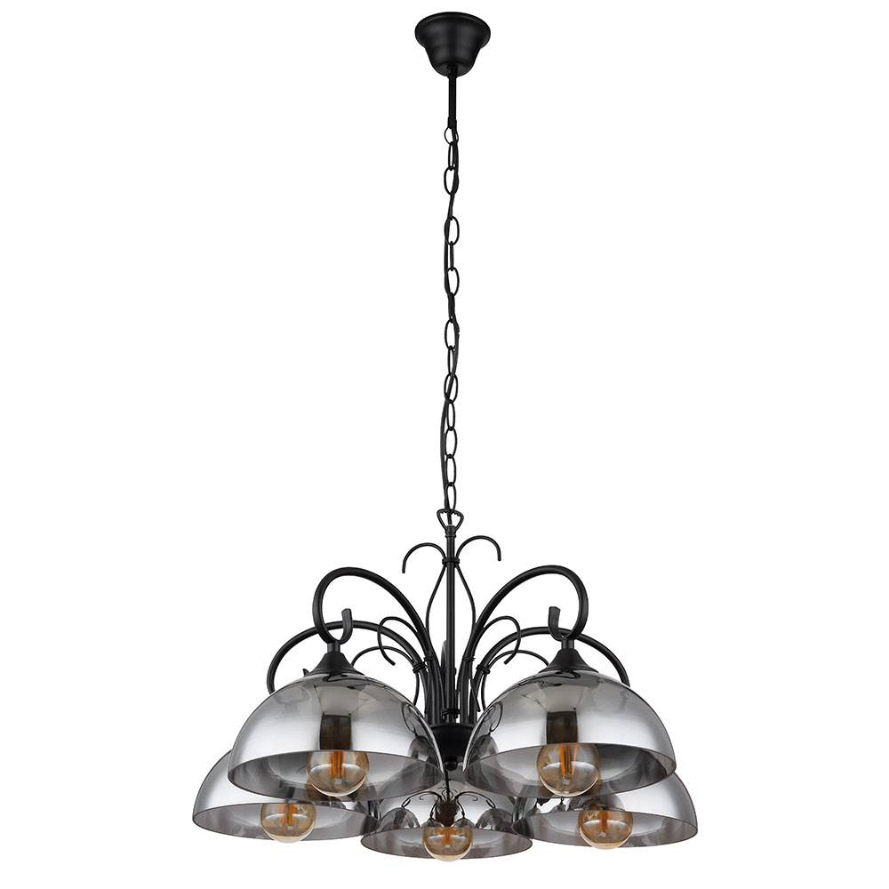 Pendelleuchte Hängelampe Hängeleuchte Esstischlampe, Höhenverstellbar 5 flammig, Metall schwarz Rauchglas, 5x E27 Fassungen, DxH 56x120cm