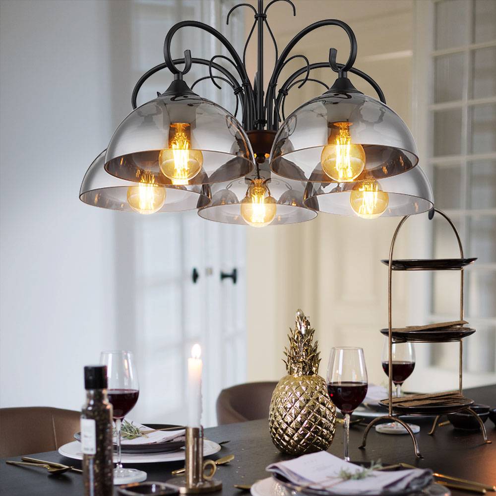 Pendelleuchte Hängelampe Hängeleuchte Esstischlampe, Höhenverstellbar 5 flammig, Metall schwarz Rauchglas, 5x E27 Fassungen, DxH 56x120cm