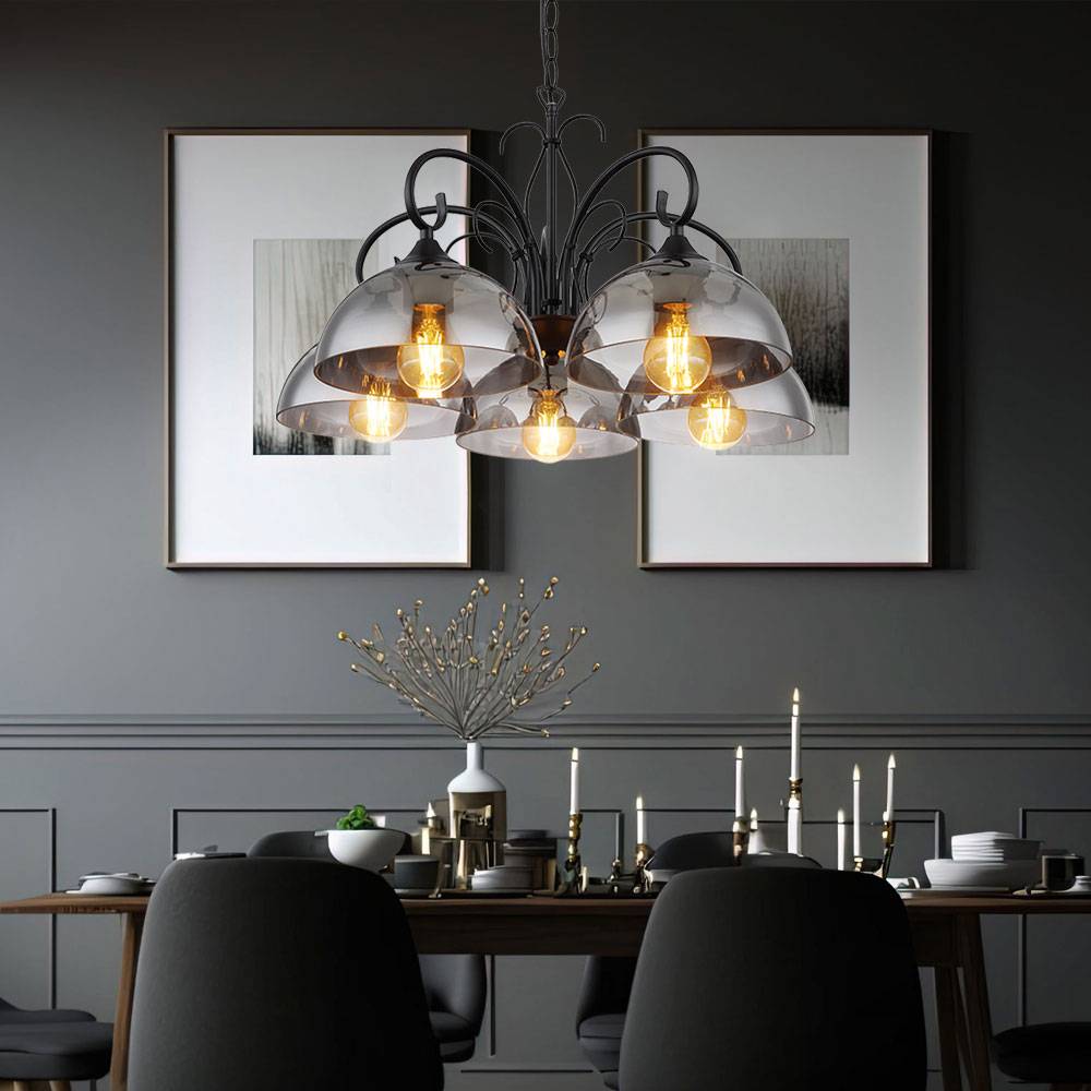 Pendelleuchte Hängelampe Hängeleuchte Esstischlampe, Höhenverstellbar 5 flammig, Metall schwarz Rauchglas, 5x E27 Fassungen, DxH 56x120cm