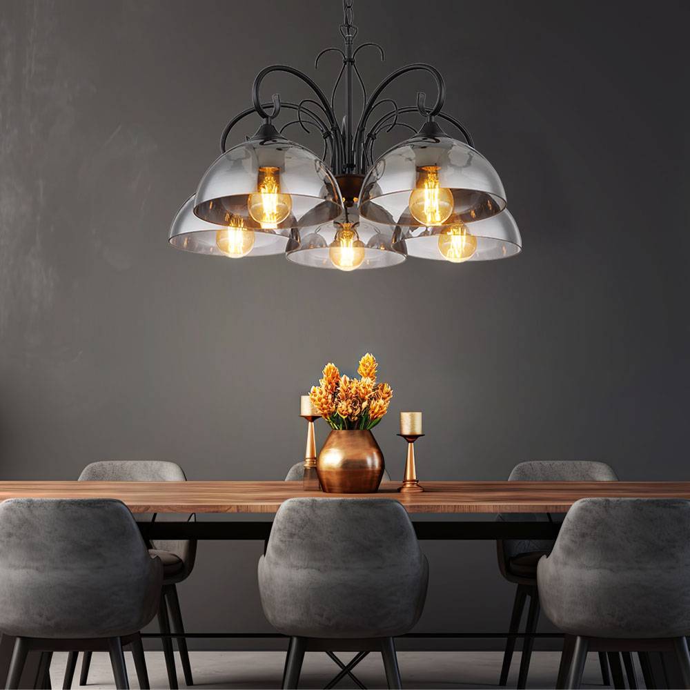 Pendelleuchte Hängelampe Hängeleuchte Esstischlampe, Höhenverstellbar 5 flammig, Metall schwarz Rauchglas, 5x E27 Fassungen, DxH 56x120cm