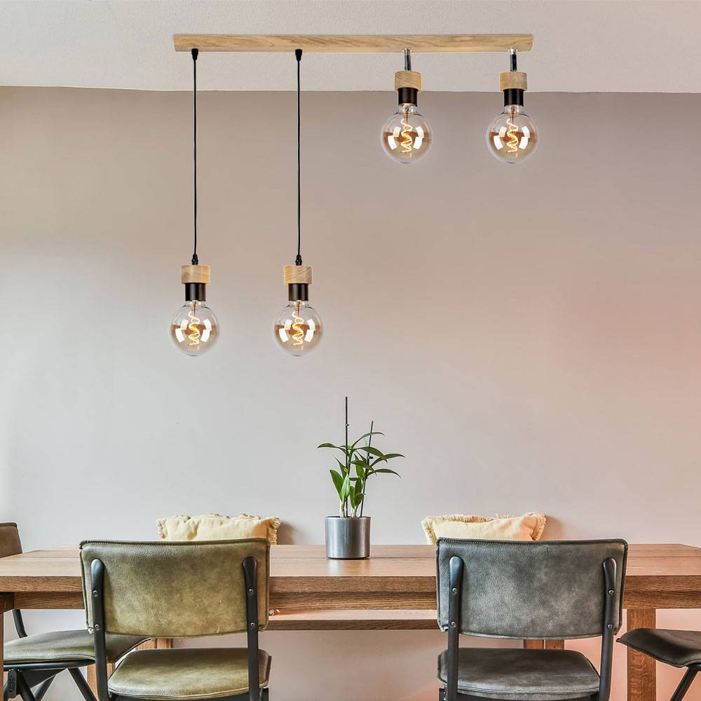 Hängeleuchte Holz Eiche Holzleuchte hängend Wohnzimmerleuchte Strahler schwenkbar, Metall schwarz, 4x E27 Fassungen, L 75 cm